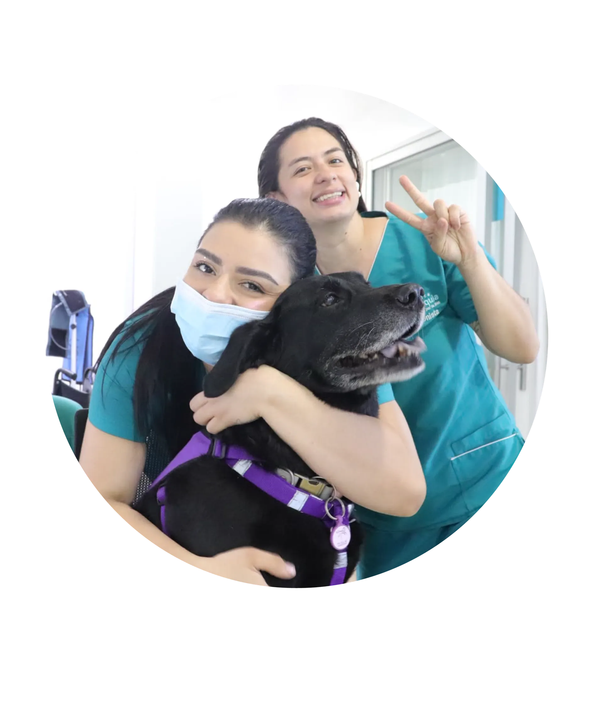 Personal de la Clínica abrazando a la perrita terapeuta