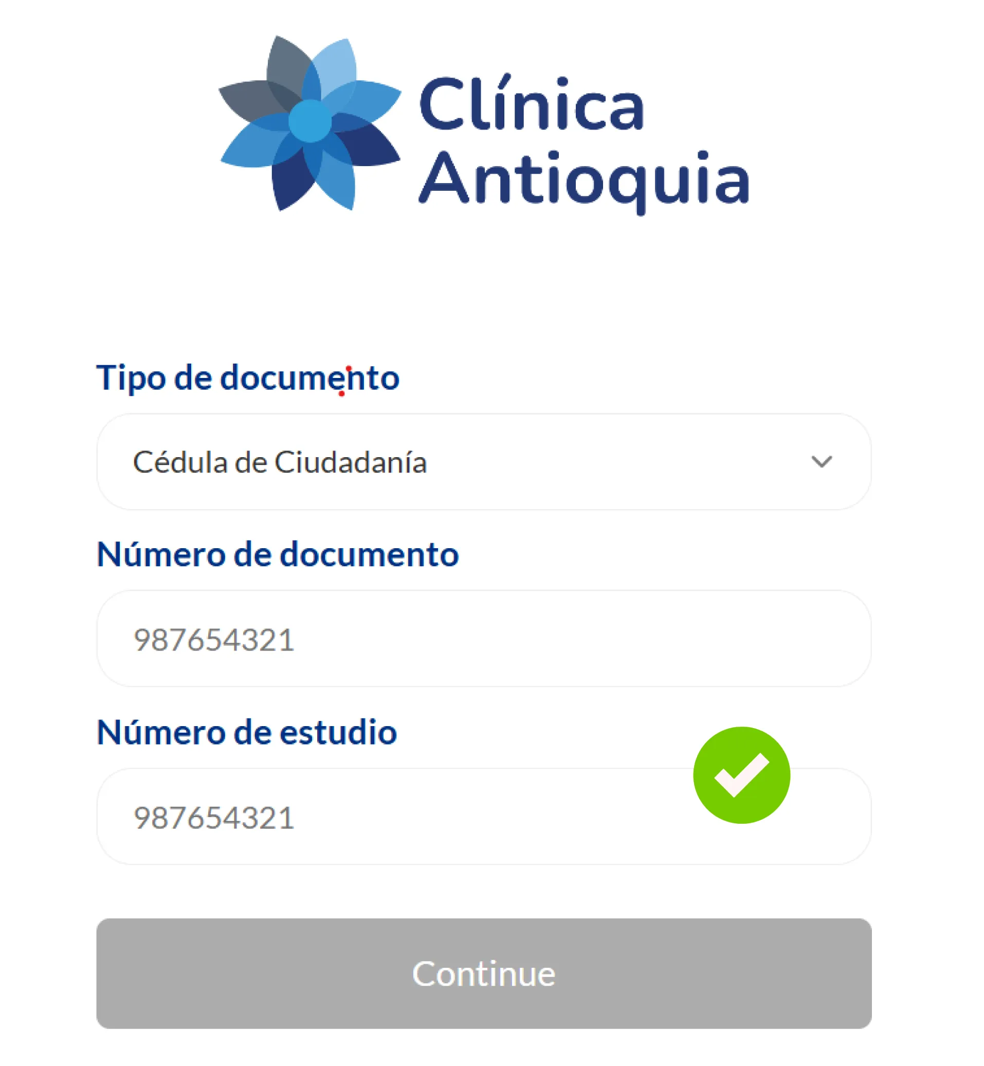 Formulario de resultados en línea: tipo de documento, número de documento y número de estudio